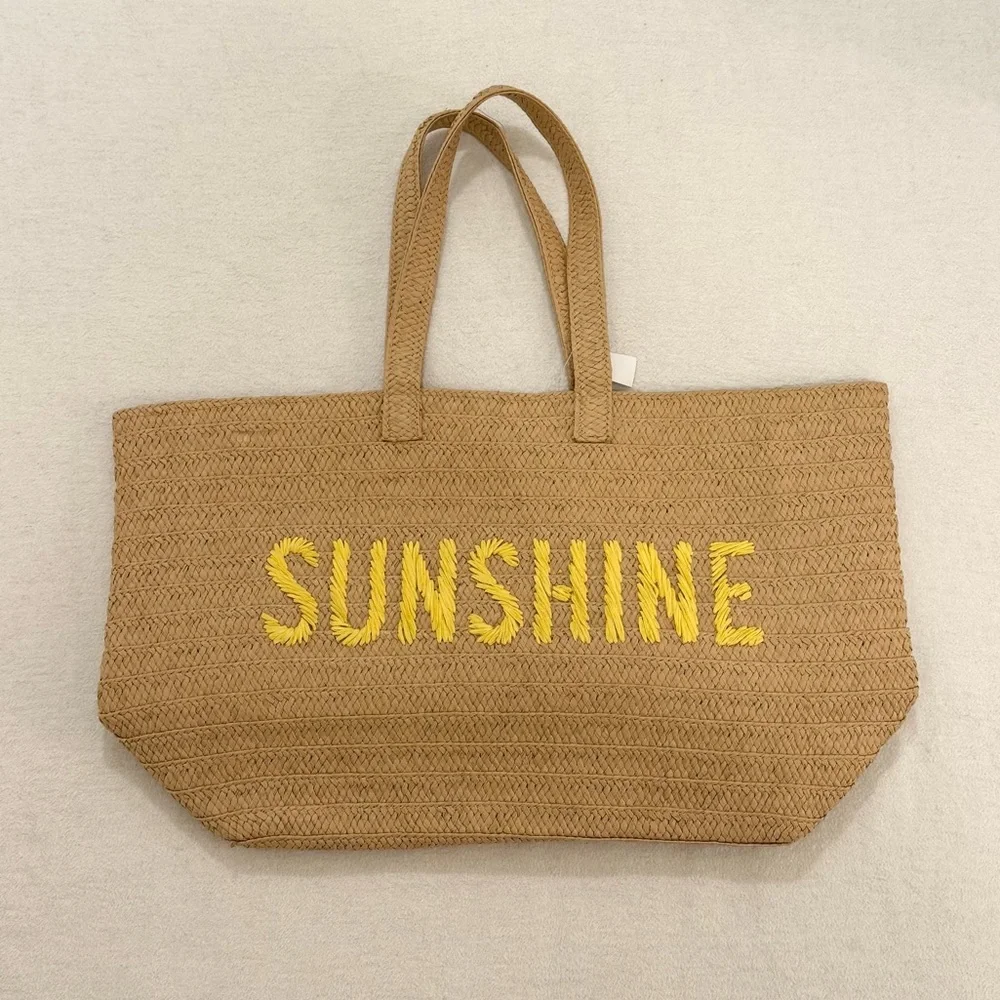 Oversized Straw Tote Bag with Sunshine Embroidery - Picture 1 of 8